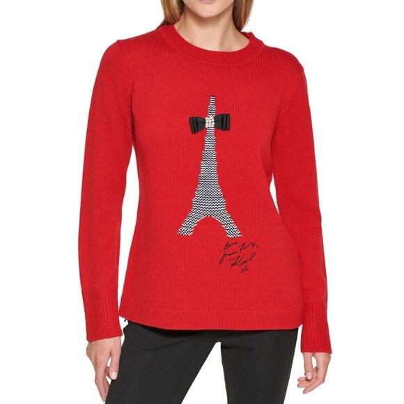 Karl‎ Lagerfeld Paris Red Eiffel Tower Bow Popover 3D Pearls Rock-Chic Sweater - Picture 1 of 15